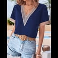 thumbnail image 4 of Blusas de Verano de Corta para Mujer con Cuello en V y Ribete de Encaje, Elegantes e Informales, Color Azul Oscuro, Talla XL, 4 of 7