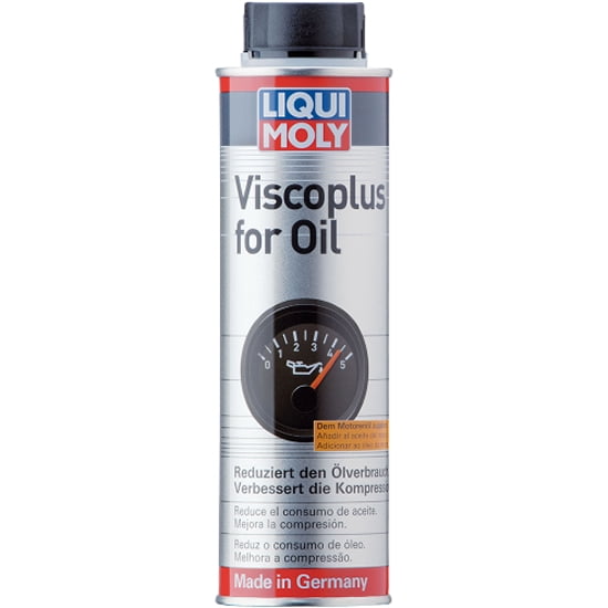 viscoplus heavy duty for oil restaurador de compresión 1l LIQUI MOLY - Lata cilíndrica frontal con logotipo LIQUI MOLY en rojo y azul, texto principal “Viscoplus for Oil”, gráfico de medidor de aceite en el centro, tapa negra y banda inferior roja con "Made in Germany" visible; a menudo se usa también para mantenimiento de motores durante almacenamiento temporal.