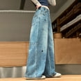 thumbnail image 6 of Zanarzt Girls High Wasited Jeans Girls Jeans for Kids Heart Embroidered Wide Leg Pants Straight Leg Pants Blue,15-16 Years, 6 of 7