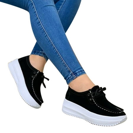 

HRSR Women Sneakers Thick Bottom Lace Up Shoes Breathable Non Slip Casual Platform(Black 42)