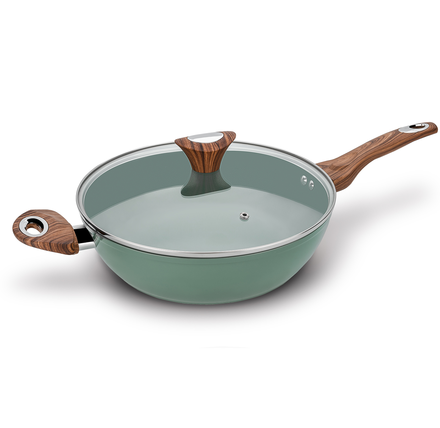 Phantom Chef 11 inch Deep Fry Pan With Lid - Wood Handle and Aluminum Body - Green