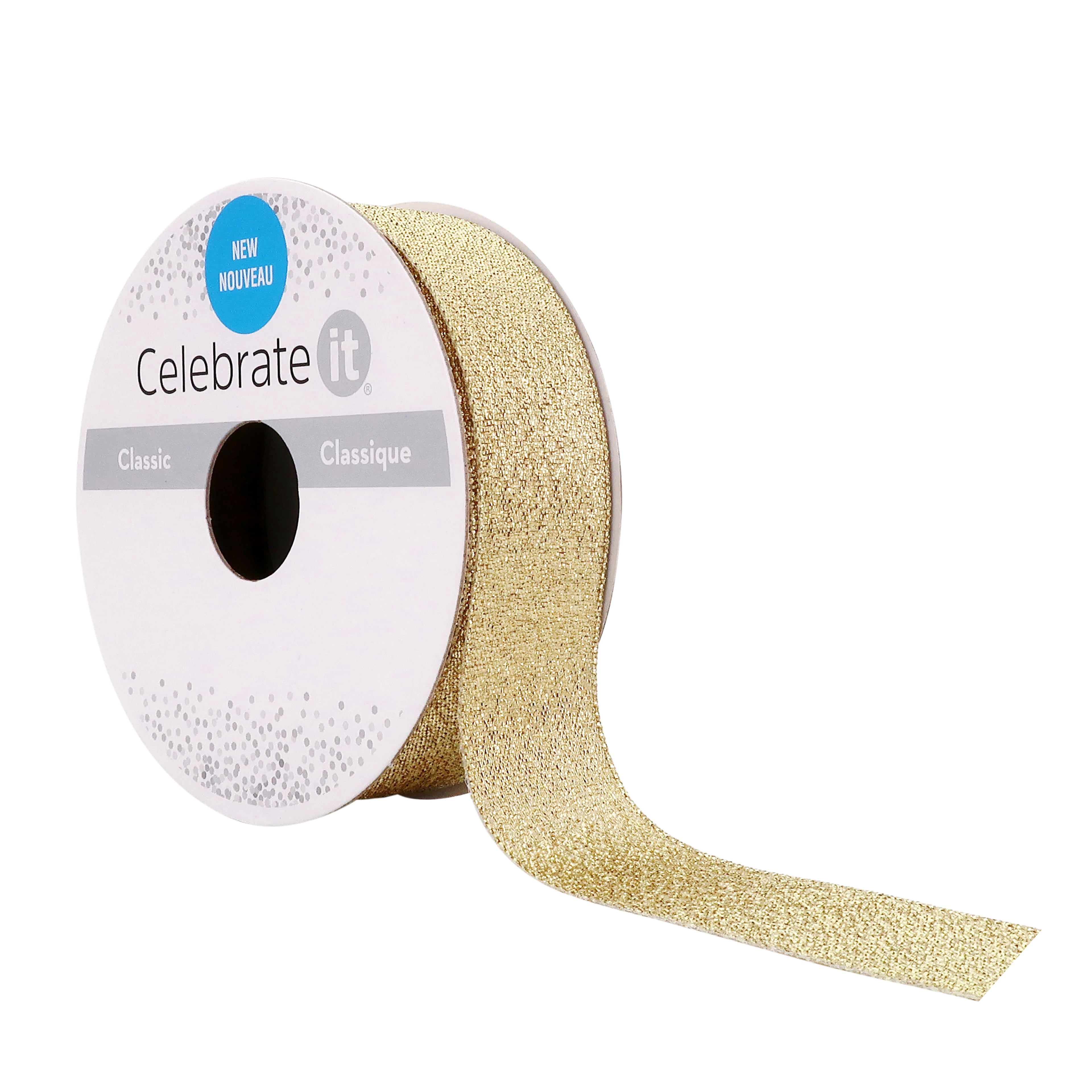 Celebrate It 7/8" x 5yd. Gold Metallic Ribbon - Non-Wired with Woven Selvage, Polyester & Metallic, Ideal for Gift Wrapping, Baskets & Holiday Crafts, 12 Pack
