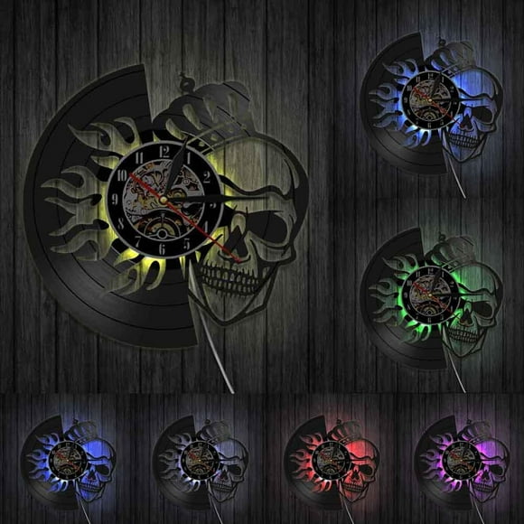 Skull with Crown On Fire Wall Art Wall Clock Halloween Royal Skull Crown Vinyl Record Wall Clock King Skeleton Decorative Clock