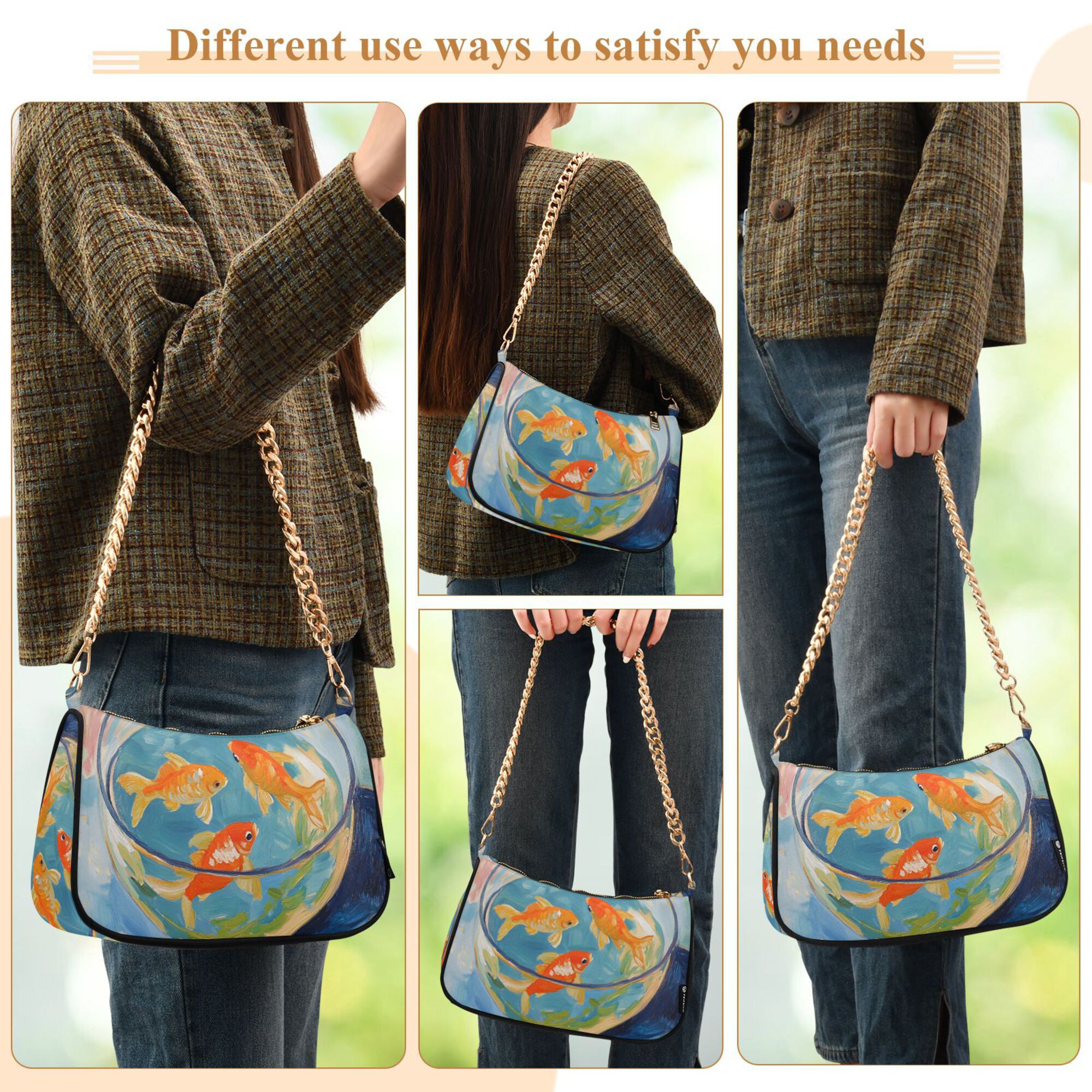 FORMRS Womens Shoulder Bag with Chain Strap Clutch Purse Cute Tote Handbag, Art Goldfish