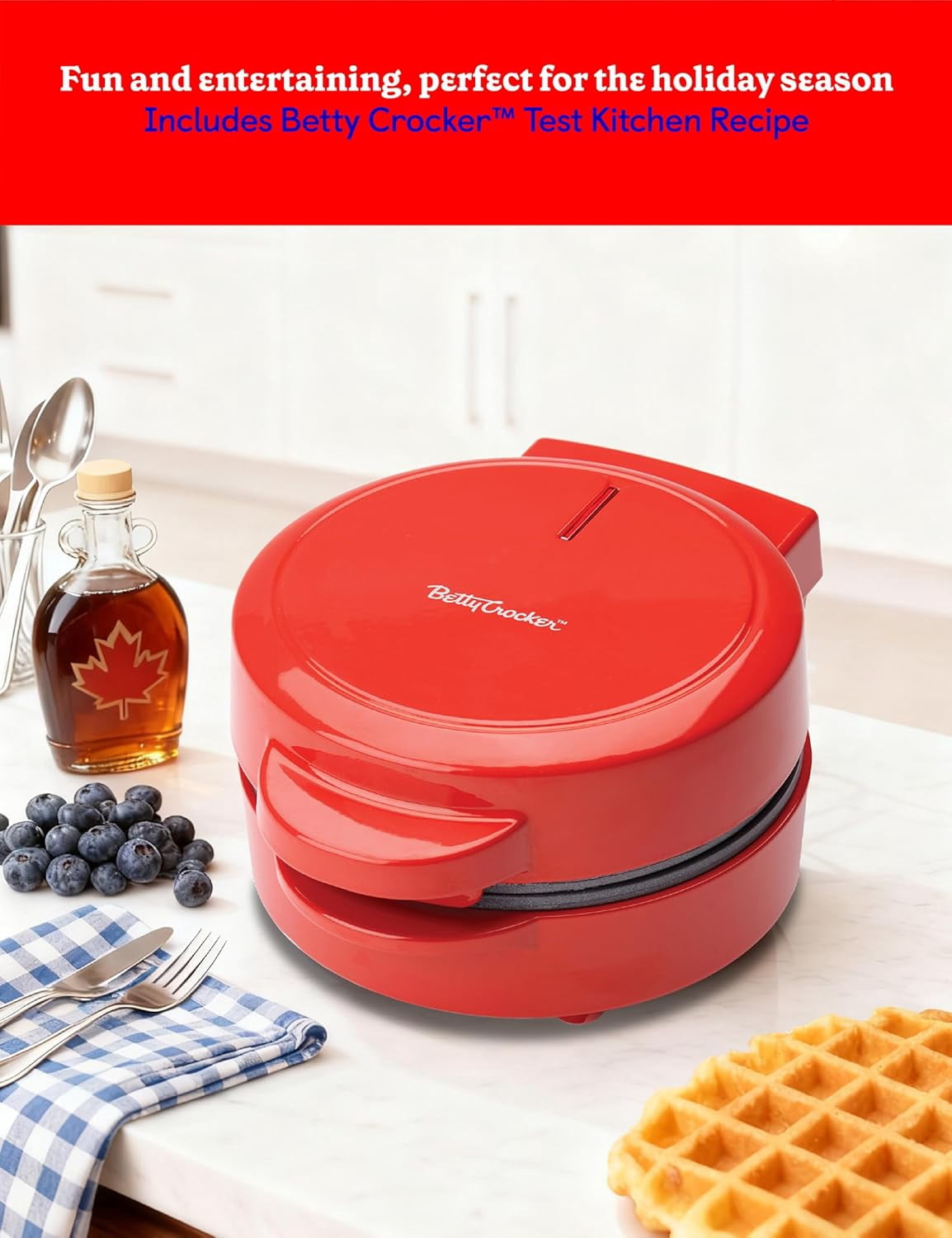 Betty Crocker Mini Waffle Maker, 550W Compact Kitchen Appliance, Quick & Even Heat for Home and Kitchen, Makes 4.5" Waffle, 4.9" Non-Stick Plates, Recipes Included, BC-4888R, Red