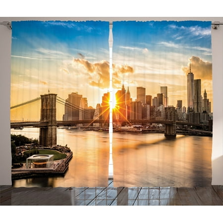 Nyc Decor Curtains 2 Panels Set, Cityscape Of Brooklyn Bridge And Lower Manhattan Hudson River Center Of Fashion Art And Culture, Living Room Bedroom Accessories, By