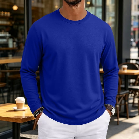 Hsovts Men's T-Shirt Long Sleeve Crewneck Cotton Tees Dark Blue S