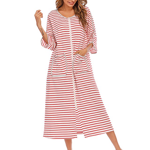 Sonducket Camisones de mujer Batas con cremallera de casa de verano Albornoz con bolsillos Hogar Hotel Dormitorio Ropa de dormir Mujer Damas Pijama Rojo