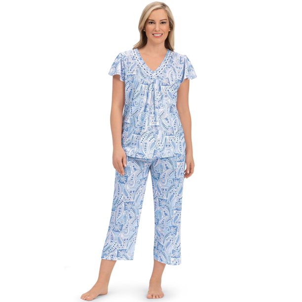 Collections Etc Pretty Paisley Print Crochet Lace Capri Pajama Set