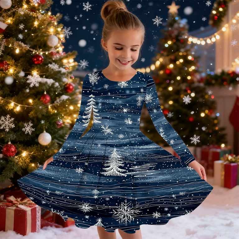 christmas recital dress Sutry Girls Christmas Printed Long Sleeve Twirly Skater School Recital Dress Long Sleeve Round Neck Dress for Kids 4-15 Years(Multicolor,8-9 Years),