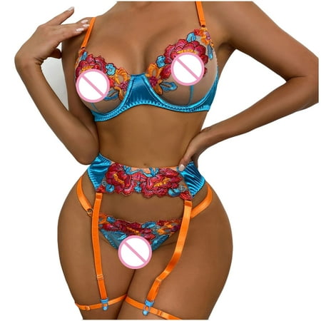 

DENGDENG Women Plus Size Lingerie Set with Garter Sexy Embroidery Babydoll 3 Piece Mesh Floral Bra and Panty Set
