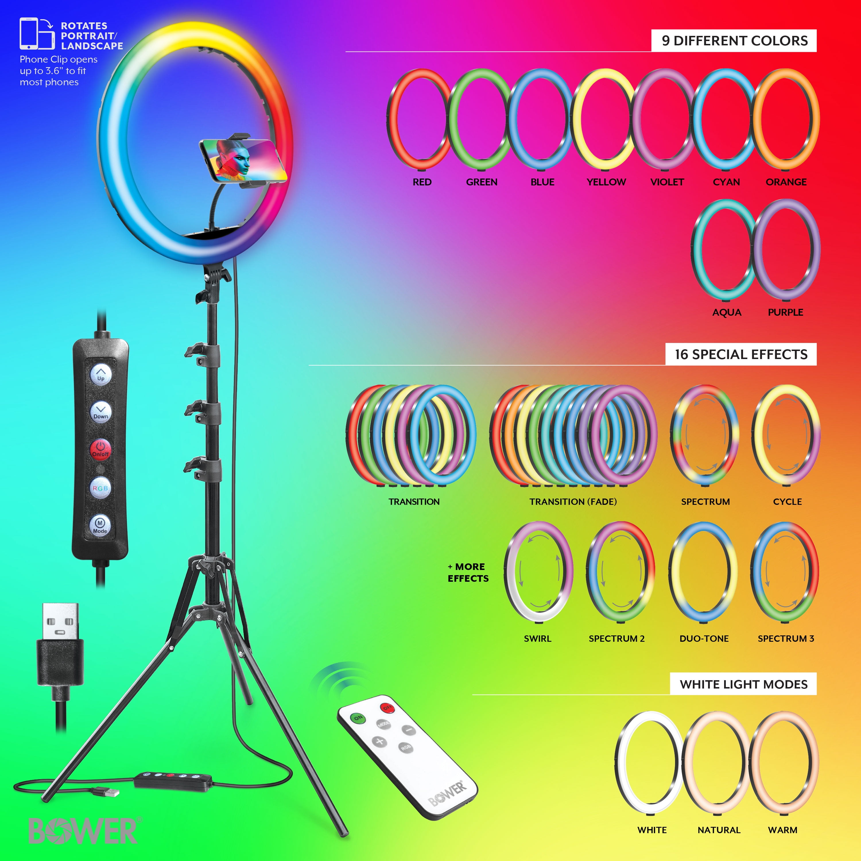 Bower Brand 16-inch White and RGB LED Ring Light Kit with Tripod; Black