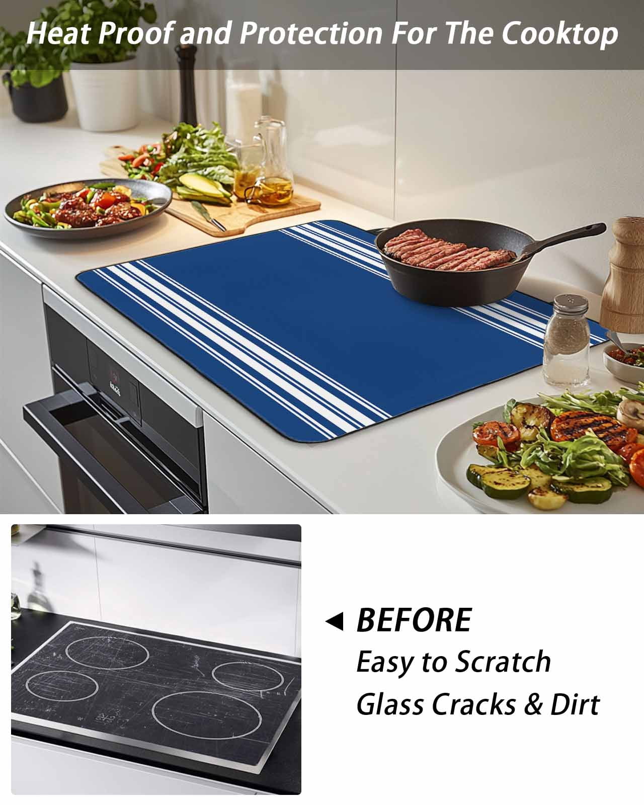Stove Top Covers for Electric Stove, Blue Striped Glass Stovetop Cover Protector, Farmhouse Blue White Stripes Induction Cooktop Protector Oven Mat for Kitchen Countertop 24"x21"