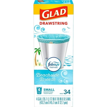 Glad Small Kitchen Drawstring Trash Bags – 4 Gallon Green Trash Bag, Febreze Beachside Breeze, 34 Count (Pack of 6) (Package May Vary)