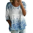 thumbnail image 2 of Blue Womens Tops Women's Floral Print T Shirt Half Sleeved Round Neck Shirt 3/4 Sleeved T Shirt Loose Large Size T Shirts for Women, 2 of 3