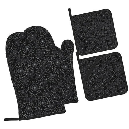 

Balery Spider Web Black Pattern Oven Mitts and Pot Holders 4 pcs Set Kitchen Oven Glove High Heat Resistant 500℉ Oven Mitts with Non-Slip Silicone Surface