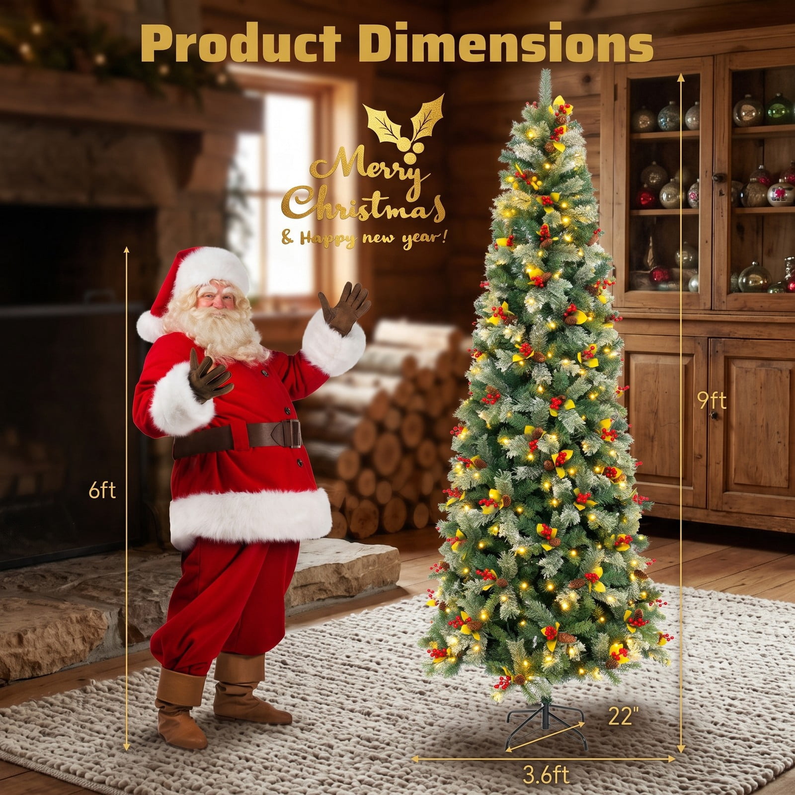 RUIE 9 FT Pre-Lit Artificial Christmas Tree with 1416 Branch Tips, 560 Warm White LED Lights, 8 Lighting Modes and Foldable Metal Stand for Indoor Holiday Decor, Green