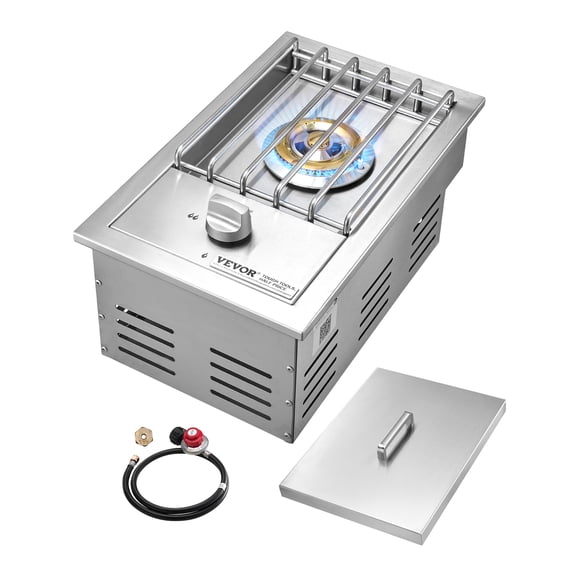 VEVOR Single Grilling Side Burner, 15,000BTU Liquid Propane Side Burner for Outdoor Kitchen, Convertible to Natural Gas, 304 Stainless Steel Built-in Single Grill Burners for BBQ Grill Island