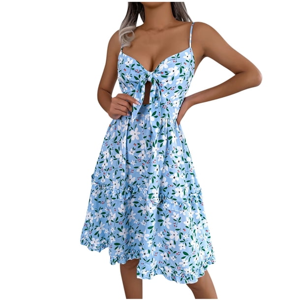 Vestido de Verano Floral Cuello en V Vestido de Arco de Poliéster, Vestido Casual sin Mangas para el Uso Diario Del Verano