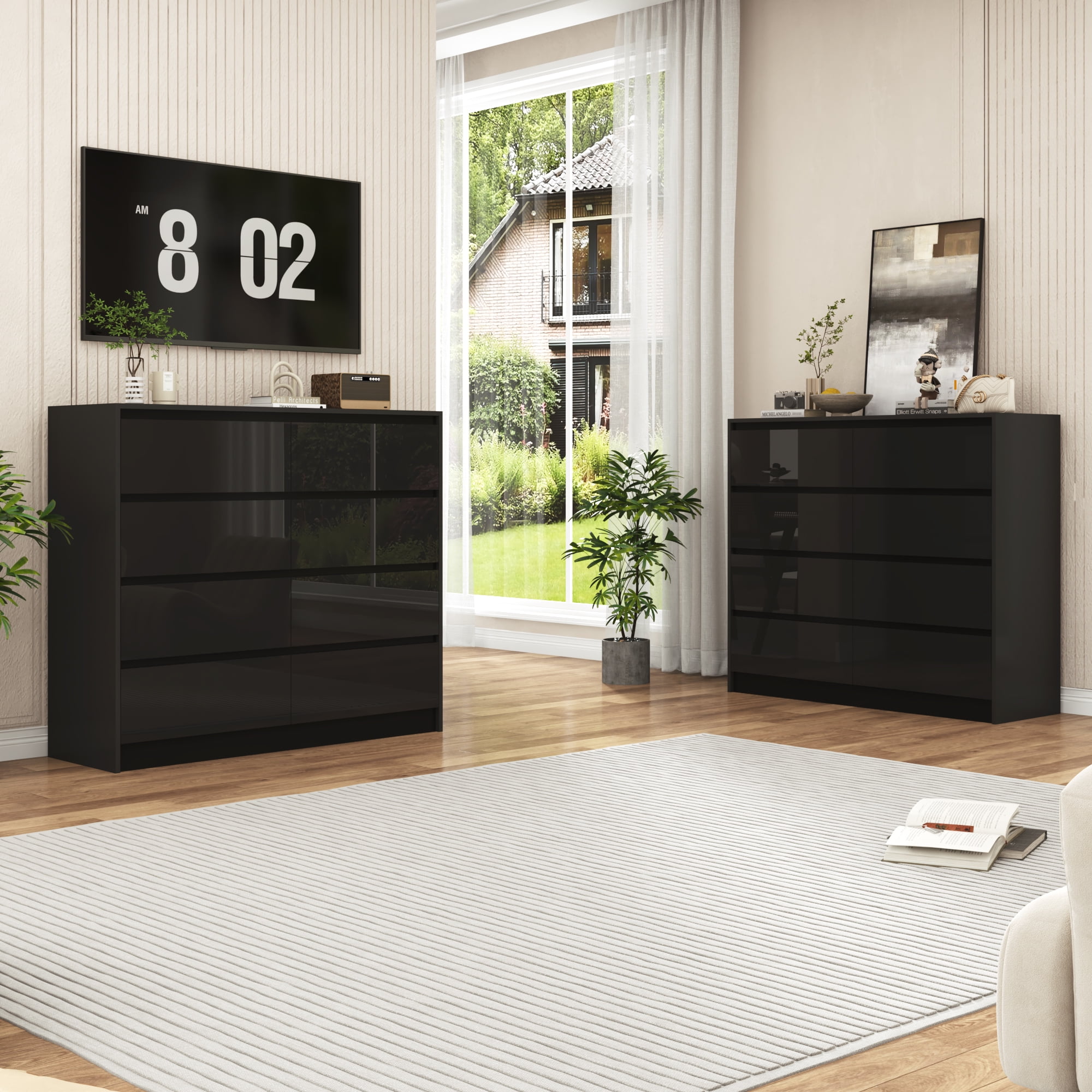 ChVans 8 Drawer Double Dresser for Bedroom, 47" Wide 41" Tall Modern High Gloss Black Dresser with Wood Chest of 8 Drawer Handle Free for Bedroom, Living Room, Entryway, Hallway