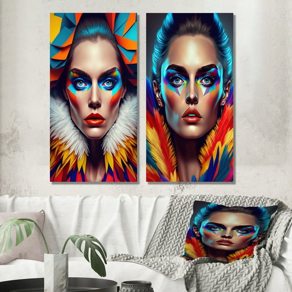 Designart "Vibrant Sensual Woman in Fur I" Woman Sensual Wall Art Set Of 2 - Multicolor Fashion Canvas Set For Living Room Decor