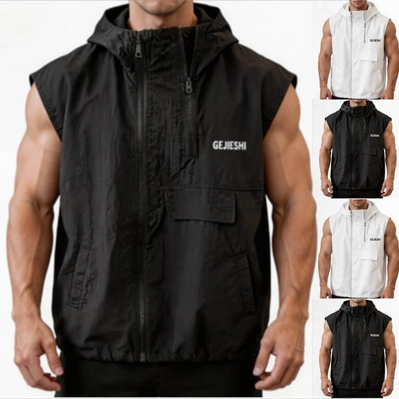 UVEASISHA Men's Hooded Sleeveless Vest Lightweight Zip Up Utility Cargo Vest Outdoor Stylish Streetwear Vest Outerwear with Pockets White 4XL
