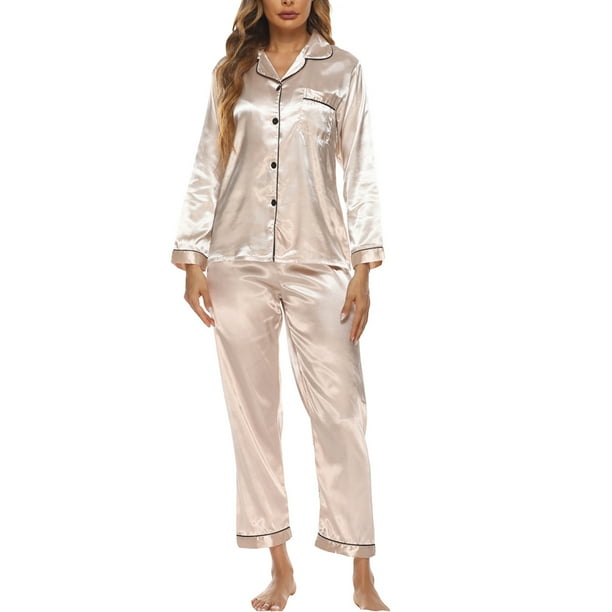 Conjunto de pijama de mujer, conjunto de pijama de satén, conjunto de pijama de manga larga con tapeta de botones, conjunto de pijama de dos piezas, ropa de estar en casa para todas las