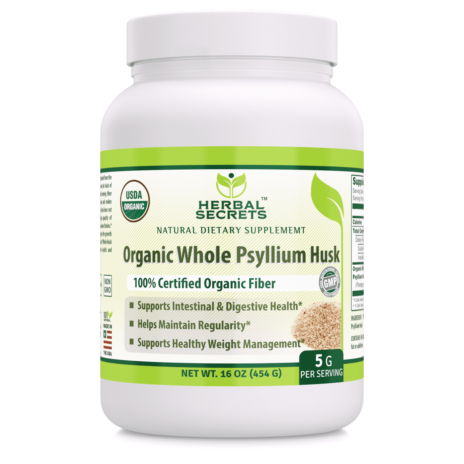 Herbal Secrets USDA Certified Organic Psyllium Husk 16 Oz