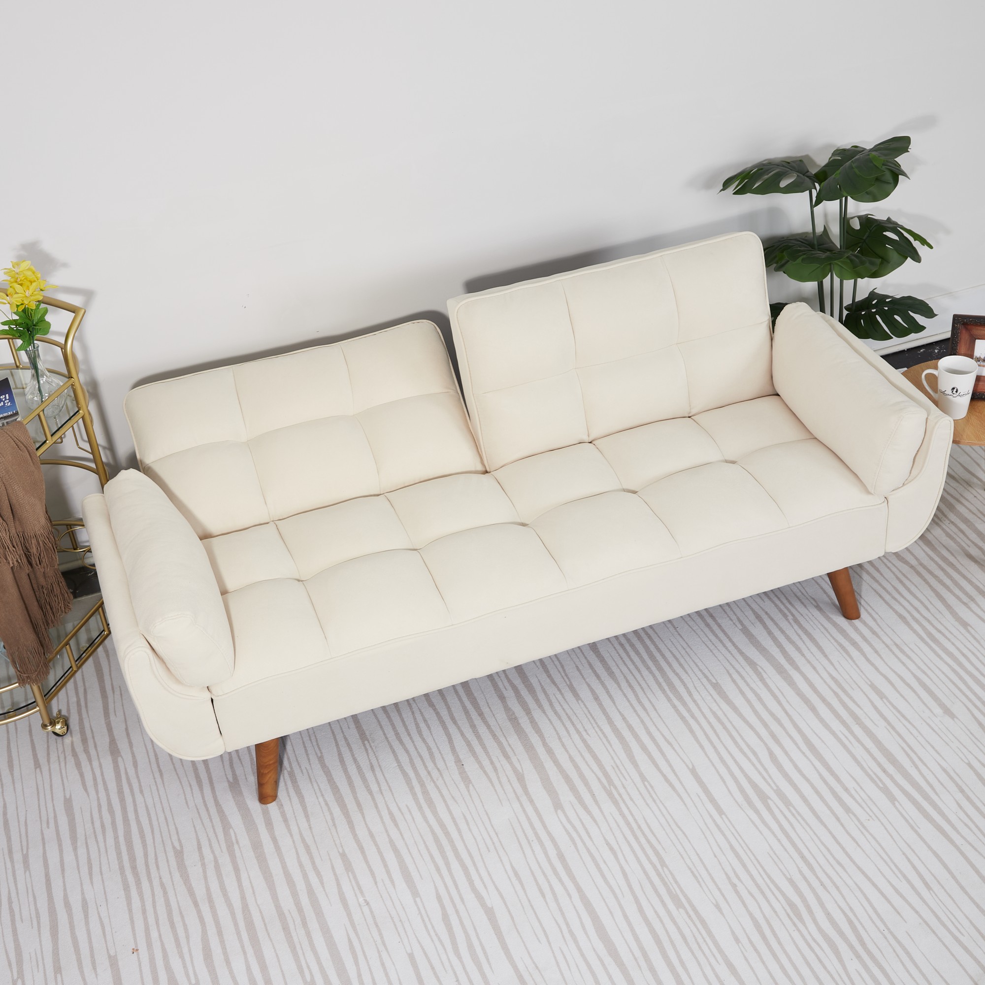 Gewnee Mid-Century Modern Beige Sofa - Solid Eucalyptus Wood Frame, 500 lbs Capacity, S-Shaped Springs for Apartments, Living Rooms, Studies