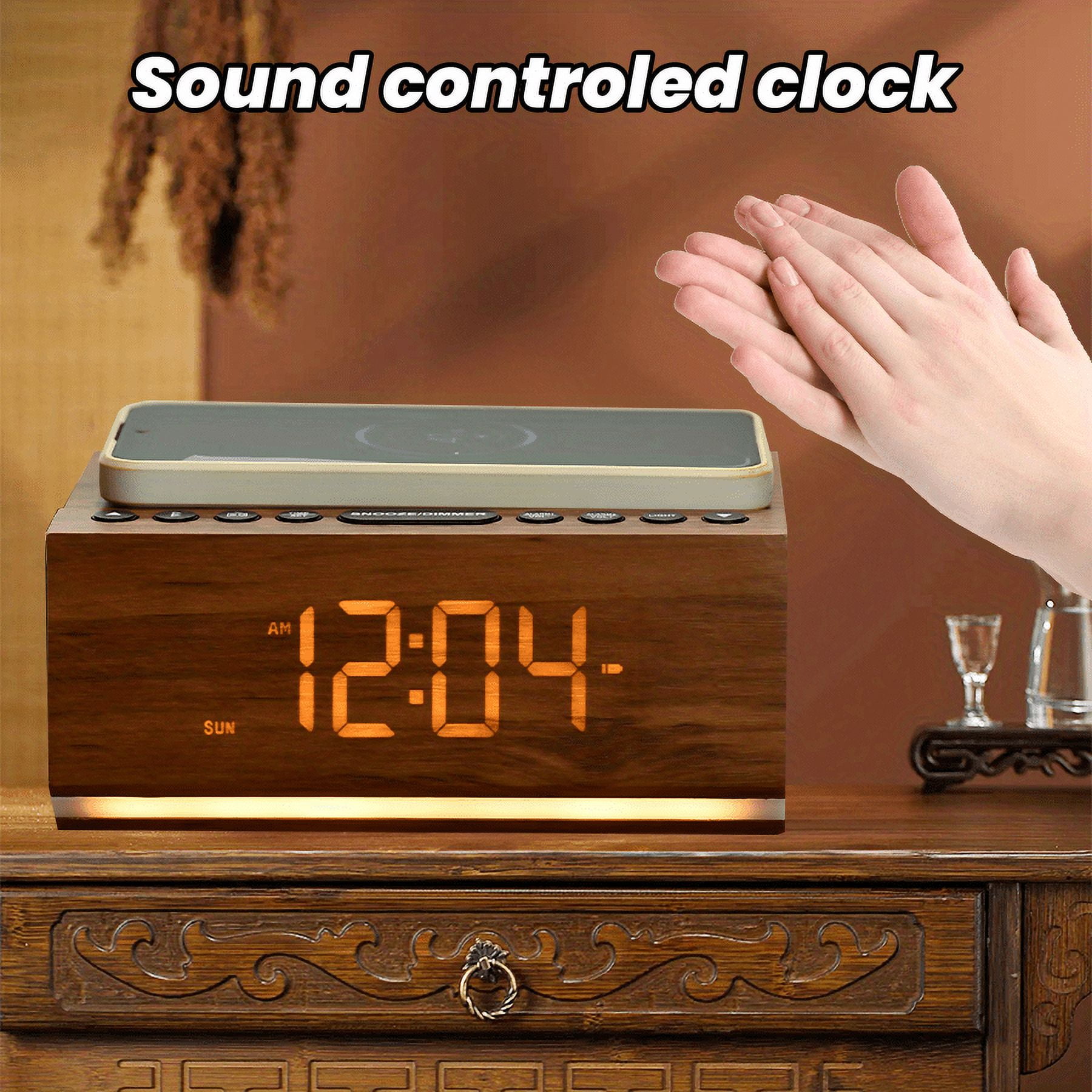 Bluetooth Speaker Wooden Radio Alarm Clock - Dimmable Display for at-a-Glance Clock, Sleep-Friendly Light, Natural Alarm & Premium FM Radio for a Gentle Wake-Up  Plugged in Alarm Clock Radio