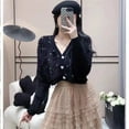 thumbnail image 3 of Suéter de mujer con cuentas japonesas, abrigo de otoño e invierno, cuello en V, suave y dulce cárdigan de punto de terciopelo de visón, top corto, 3 of 5