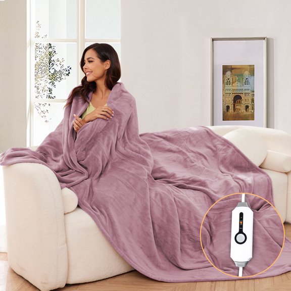 SUNNY HEAT Electric Heated Blanket Coral Fleece 72" x 84" Full Size-4 Heating Settings & 10 Hours Auto off, Breathable Machine Washable- Purple