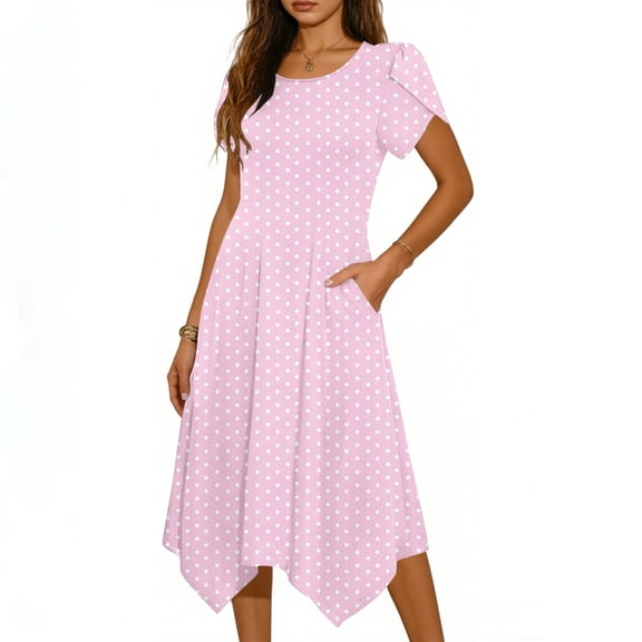 PADFRYBK Summer Dresses For Women Round Neck Casual Loose Dress Splice Color Comfortable Skirt Short Sleeve Dresses Long Irregularly Dresses