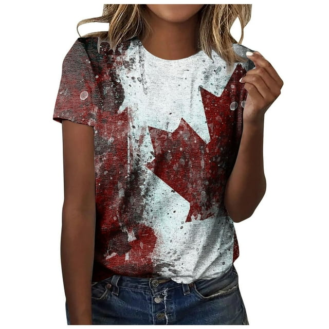 WEIYLL Ladies T Shirts Canada Day Retro Summer Vacation Maple Leaf Print Plus Size Wine Tops Sizes XXL
