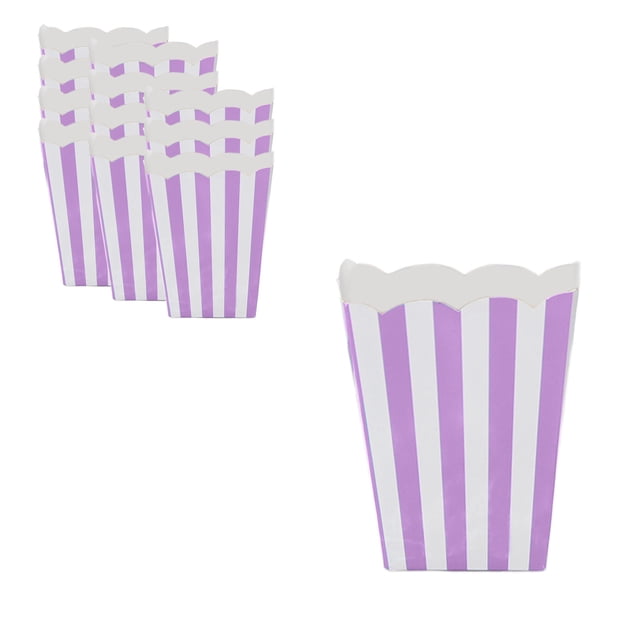 Purple Striped Popcorn Box For Birthday Party Food Packaging Carton 12Pcs Paper Material Snack Container Dimensions 4.13X2.95X0.78 Inches Net Weight 0.24 Lb