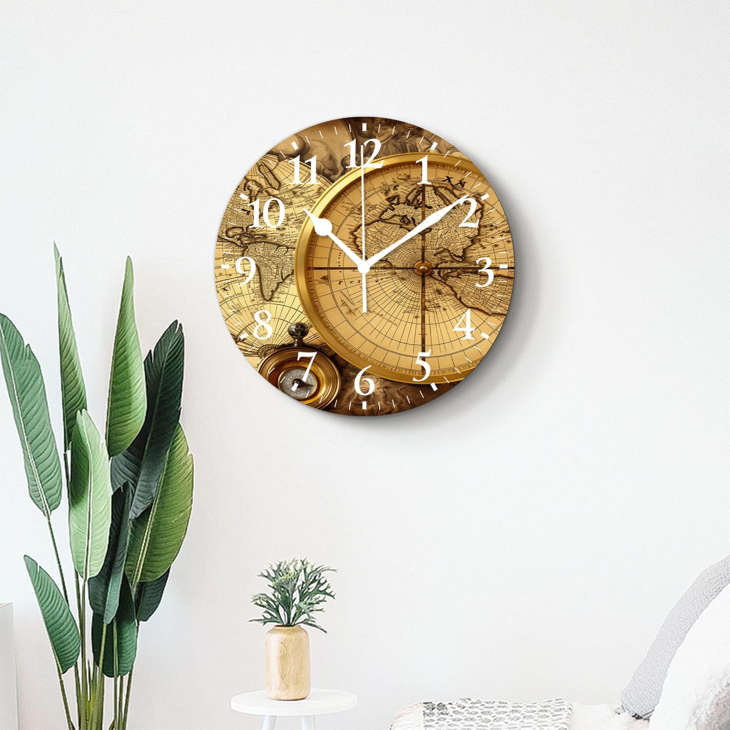 12 Inch Wall Clock Battery Operated Silent Clock Decorative for Office, Kitchen, Outdoor, Living Room，Accurate Map Exquisite Design