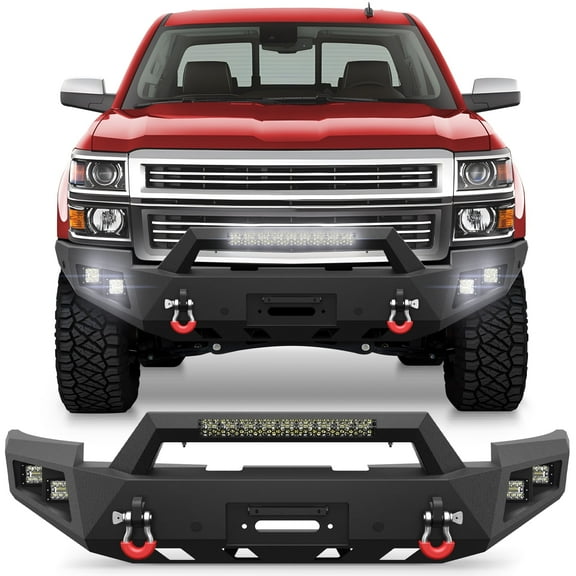 POFENZE Silverado 1500 Front Bumper for 2014 2015 Chevy Silverado 1500 Pickup Truck Bumper with Winch Plate LED Lights D-Rings