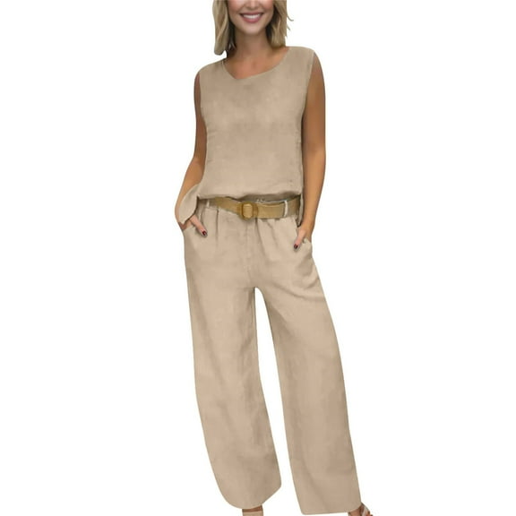 MSJUHEG Summer Work Outfits for Women Travel Outfits for Women Summer Pants Sets Women 2 Piece Outfits 2 Piece Outfits 2025 Travel Outfits for Women 2 Piece Sets Beige L