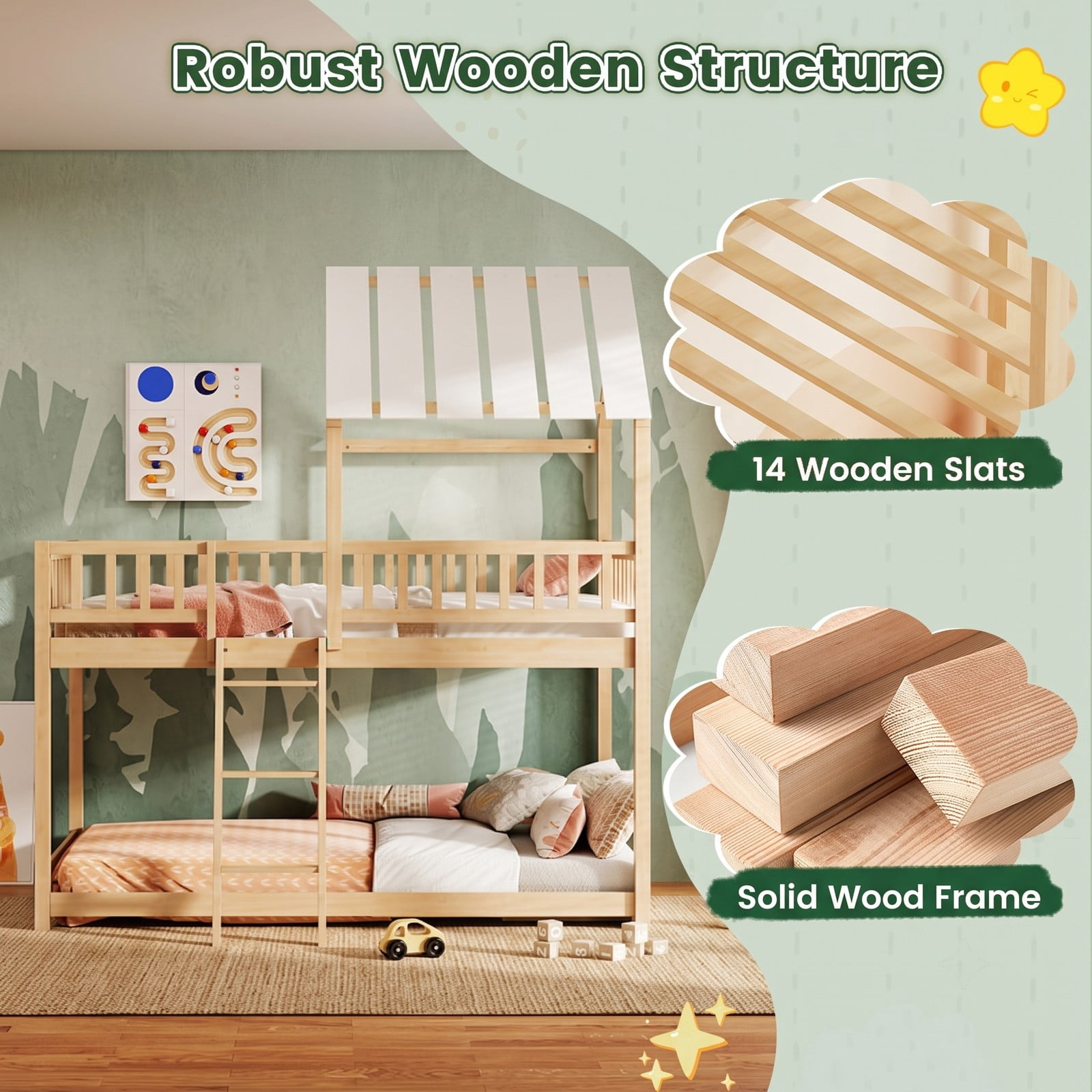 Furnibear House Bunk Bed with Roof and Full-length Guardrails Wood Low Floor Bed for Kids Teens Boys and Girls Bedroom, Natural