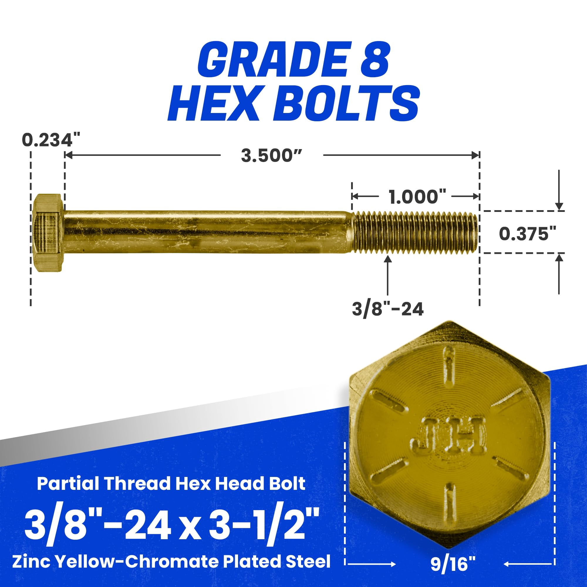 Fastenere 3/8"-24 x 3-1/2" Hex Bolts Grade 8 Zinc Yellow-Chromate Plated Steel, Partial Threaded Durable Hex Bolts for Machinery & Construction, Rust-Resistant, Heavy-Duty Fasteners, Pack of 10