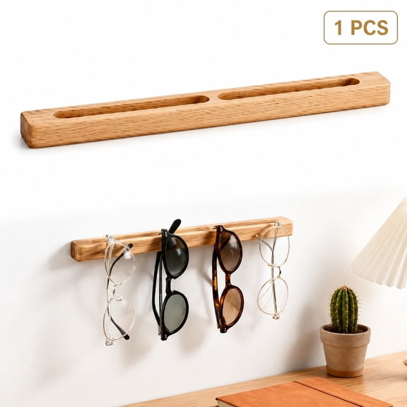 Wall Mounted Eyeglasses Holder, No Drill Sunglasses Organizer with 2 Slots, Wood Display Rack for Bedroom Entryway, 11in Natural