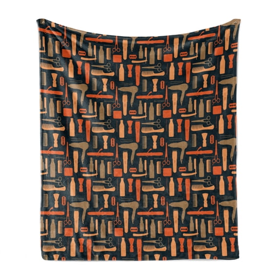 Mens Soft Flannel Fleece Blanket, Hairdressing Themed Equipment Pattern Hair Dryer Comb and Clipper Vintage Illustration, Cozy Plush for Indoor and Outdoor Use, 70" x 90", Multicolor, by Ambesonne