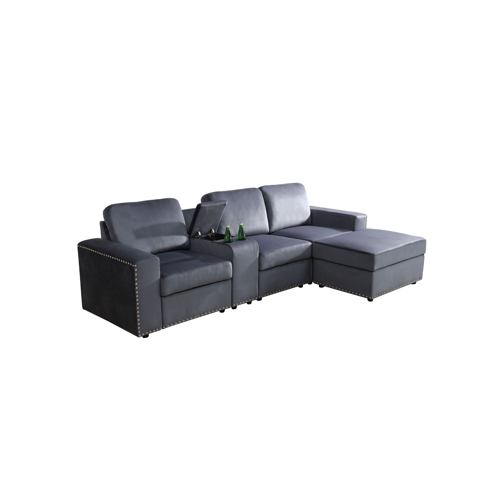 MAYEERTY 3-Seater Sofa, Upholstered Couch with Console, Cup Holders & Anti-Insect Solid Wood Frame, for Living Room Family Room Apartment, Dark Grey