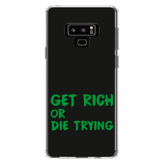 DistinctInk Clear Shockproof Hybrid Case for Samsung Galaxy Note 9 - TPU Bumper, Acrylic Back, Tempered Glass Screen Protector - Get Rich or Die Trying - Black & Green