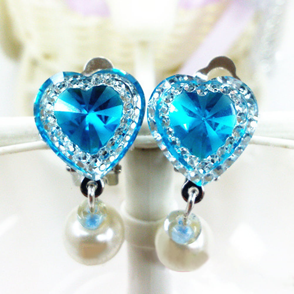 SparY Ear clip,Girls Clip-on Earrings Soft Cushion Invisible Ear Hanging Ear Clip,Dress up Accessories For Party Favor Blue rhinestone