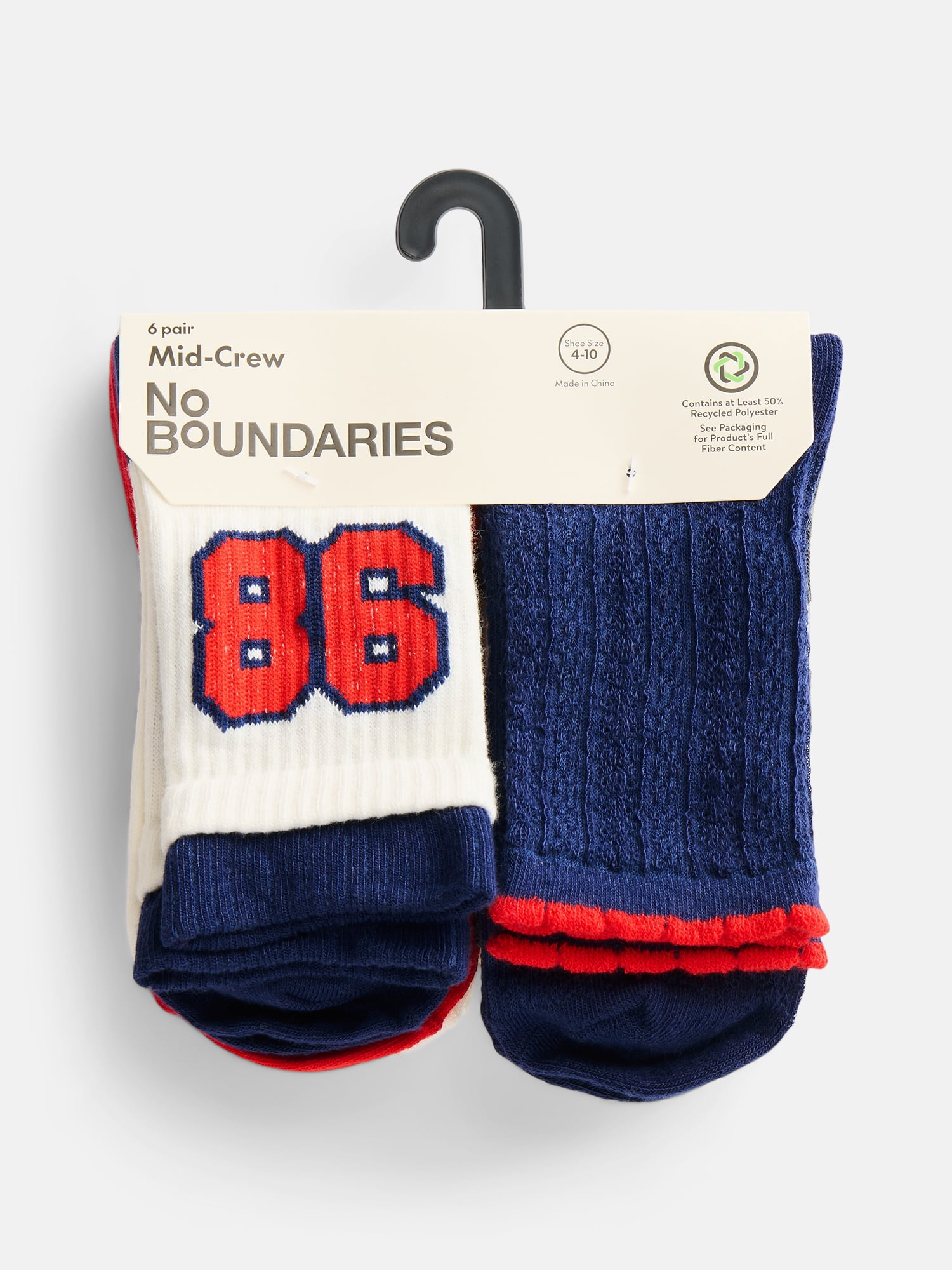 No Boundaries Women's Ribbed Mid Crew Socks with Double Cuffs, 6 Pack, Shoe Sizes 4-10