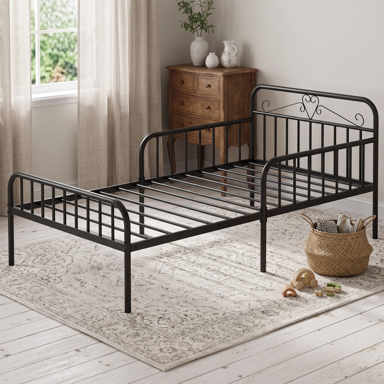 Furnibear Twin Size Metal Kids Bed Frame with Headboard and Safety Side Guardrails for a Boys and Girls Toddler Bedroom, Black