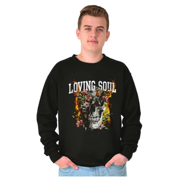 Flaming Floral Skull Loving Soul Sweatshirt for Men or Women Brisco Brands S