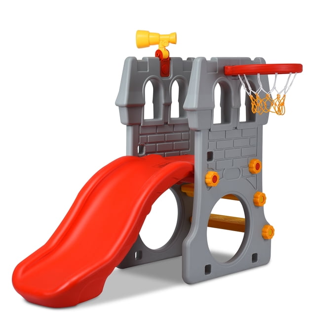 Tobogán con Castillo Costway para Niños con Aro de Baloncesto y Telescopio