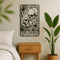 HELLOYOUNG 11.81 Inch Goth Room Decor Skull Couple Hanging Wall Stylish Mural Decorative Sculpture Mystery and horror. THE LOVERS" Inscription Iron Floral Marker Sign Boho Lovers Wall Sculpture